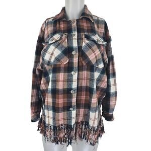 Thrill Jeans Brown Pink Black Plaid Women's Oversized Shacket Small